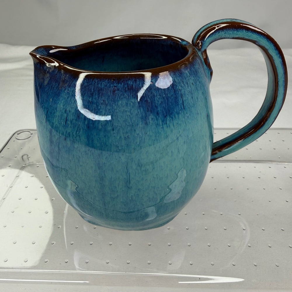 Handmade by Lynn Greenville PA Studio Pottery Pitcher Blue Drip Glaze Ceramic